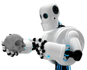 Robot holding human skull